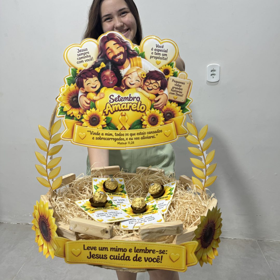 💛✨ CESTA + LEMBRANCINHA – SETEMBRO AMARELO: JESUS CUIDA DE VOCÊ